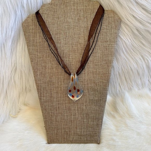 BEautiful Blue Brown Dot Dichroic Fused Glass Pendant 19" Necklace 12532 - Picture 2 of 8